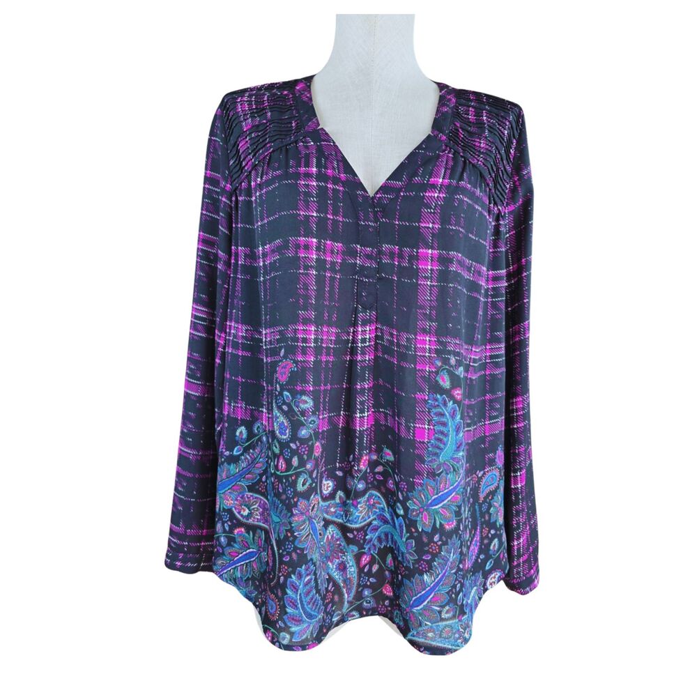 Black Rainn Long Sleeve V Neck Tunic Blouse Women's Size XL Boho Festival Casual